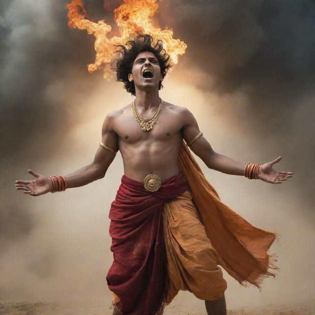 Create a dynamic image of a young Indian prince, Abimanyu, angrily shouting with wounds on his body, wearing a saffron dhoti and holding a large shining chakra overhead. The view is from below, with a turbulent background depicting a Mahabharata battle scene - soldiers, horses, blood, fire, sand, black clouds, and fallen warriors.