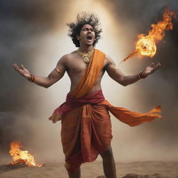 Create a dynamic image of a young Indian prince, Abimanyu, angrily shouting with wounds on his body, wearing a saffron dhoti and holding a large shining chakra overhead. The view is from below, with a turbulent background depicting a Mahabharata battle scene - soldiers, horses, blood, fire, sand, black clouds, and fallen warriors.