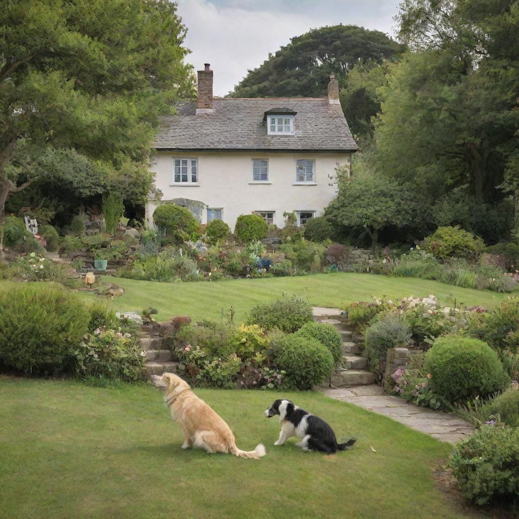 A quaint house resting on a gentle hill, encompassed by an elegant garden, while pets and children indulge in lively play around it.