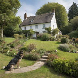 A quaint house resting on a gentle hill, encompassed by an elegant garden, while pets and children indulge in lively play around it.