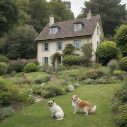 A quaint house resting on a gentle hill, encompassed by an elegant garden, while pets and children indulge in lively play around it.