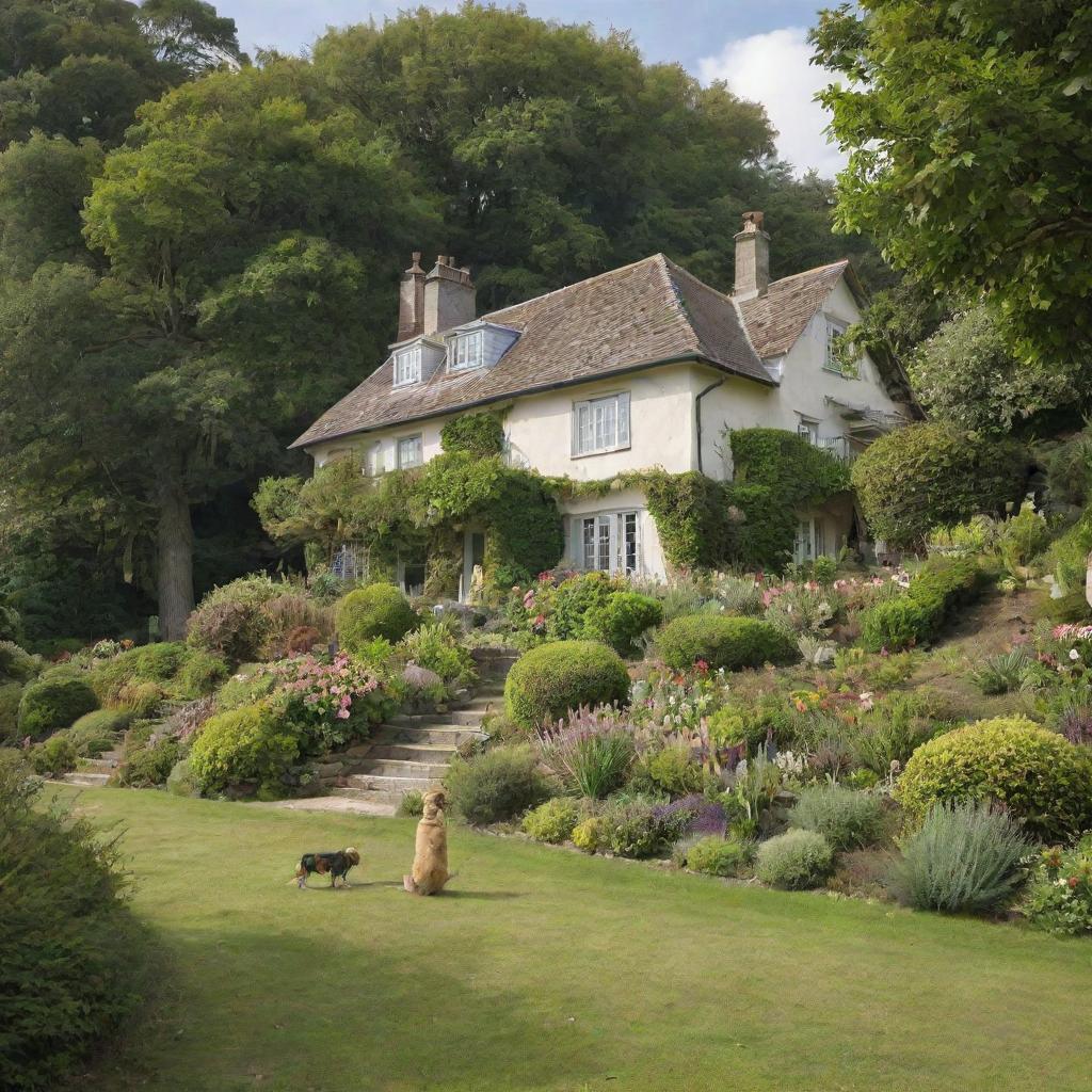 A quaint house resting on a gentle hill, encompassed by an elegant garden, while pets and children indulge in lively play around it.