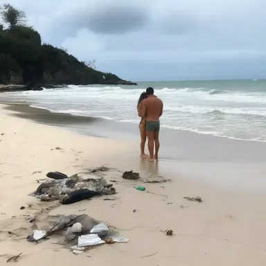 Their romantic getaway was spoiled when they discovered someone had befouled the pristine beach with trash and debris.