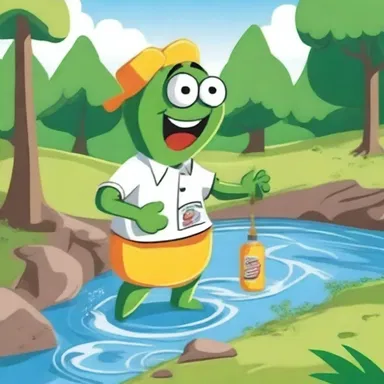 In the cartoon, the mischievous character befouls the environment by dumping toxic waste into a river.
