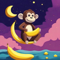 A high-quality digital art piece featuring a playful monkey joyfully munching on a banana while sitting on the moon's surface, with the vastness of space as a backdrop