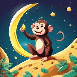 A high-quality digital art piece featuring a playful monkey joyfully munching on a banana while sitting on the moon's surface, with the vastness of space as a backdrop