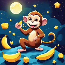 A high-quality digital art piece featuring a playful monkey joyfully munching on a banana while sitting on the moon's surface, with the vastness of space as a backdrop