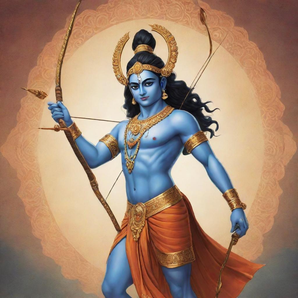 A striking, detailed image of the Hindu god Rama in anime-inspired style, featuring traditional elements such as the bow and arrow, in a serene backdrop.