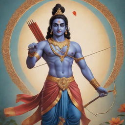 A striking, detailed image of the Hindu god Rama in anime-inspired style, featuring traditional elements such as the bow and arrow, in a serene backdrop.