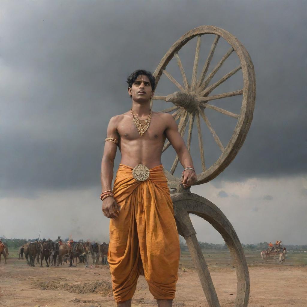 Young Indian prince Abimanyu with angry expression and wounds, dressed in saffron dhoti, holding a large, shining cart wheel overhead. View from below, with a backdrop of the Mahabharata battlefield featuring soldiers, horses, fire, sand, black clouds, and casualties.