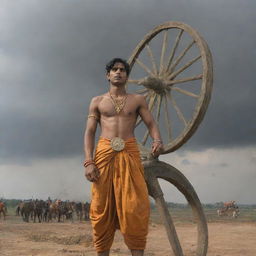 Young Indian prince Abimanyu with angry expression and wounds, dressed in saffron dhoti, holding a large, shining cart wheel overhead. View from below, with a backdrop of the Mahabharata battlefield featuring soldiers, horses, fire, sand, black clouds, and casualties.