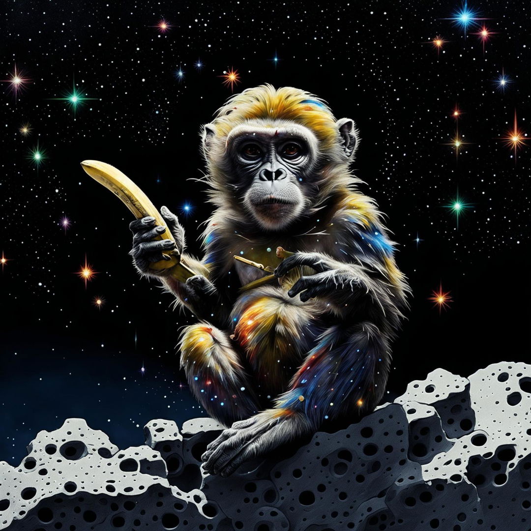 An ultra-high resolution digital art piece featuring a playful monkey on the moon, eating a banana