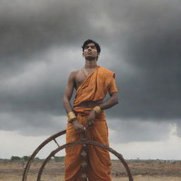 Young Indian prince Abimanyu with angry expression and wounds, dressed in saffron dhoti, holding a large, shining cart wheel overhead. View from below, with a backdrop of the Mahabharata battlefield featuring soldiers, horses, fire, sand, black clouds, and casualties.