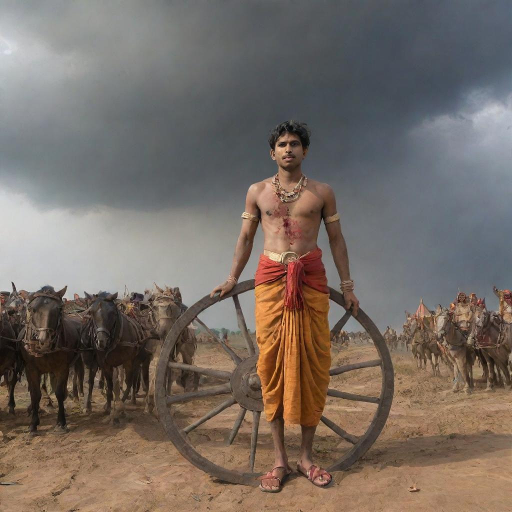 Young Indian prince Abimanyu with angry expression and wounds, dressed in saffron dhoti, holding a large, shining cart wheel overhead. View from below, with a backdrop of the Mahabharata battlefield featuring soldiers, horses, fire, sand, black clouds, and casualties.