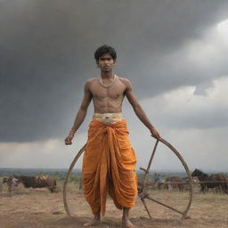 Young Indian prince Abimanyu with angry expression and wounds, dressed in saffron dhoti, holding a large, shining cart wheel overhead. View from below, with a backdrop of the Mahabharata battlefield featuring soldiers, horses, fire, sand, black clouds, and casualties.