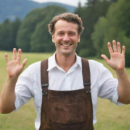 A traditional German man, in lederhosen, extending his hands with a gracious smile, expressing gratitude.