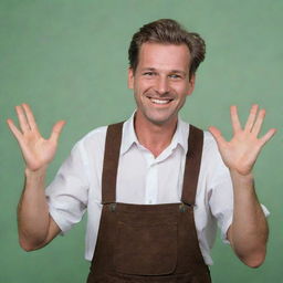 A traditional German man, in lederhosen, extending his hands with a gracious smile, expressing gratitude.