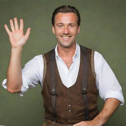 A traditional German man, in lederhosen, extending his hands with a gracious smile, expressing gratitude.