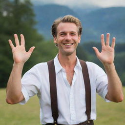 A traditional German man, in lederhosen, extending his hands with a gracious smile, expressing gratitude.