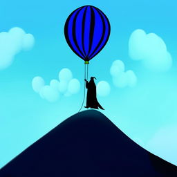 A cartoon character dressed in black attire ascends a mountain, holding a luminous blue magical balloon.