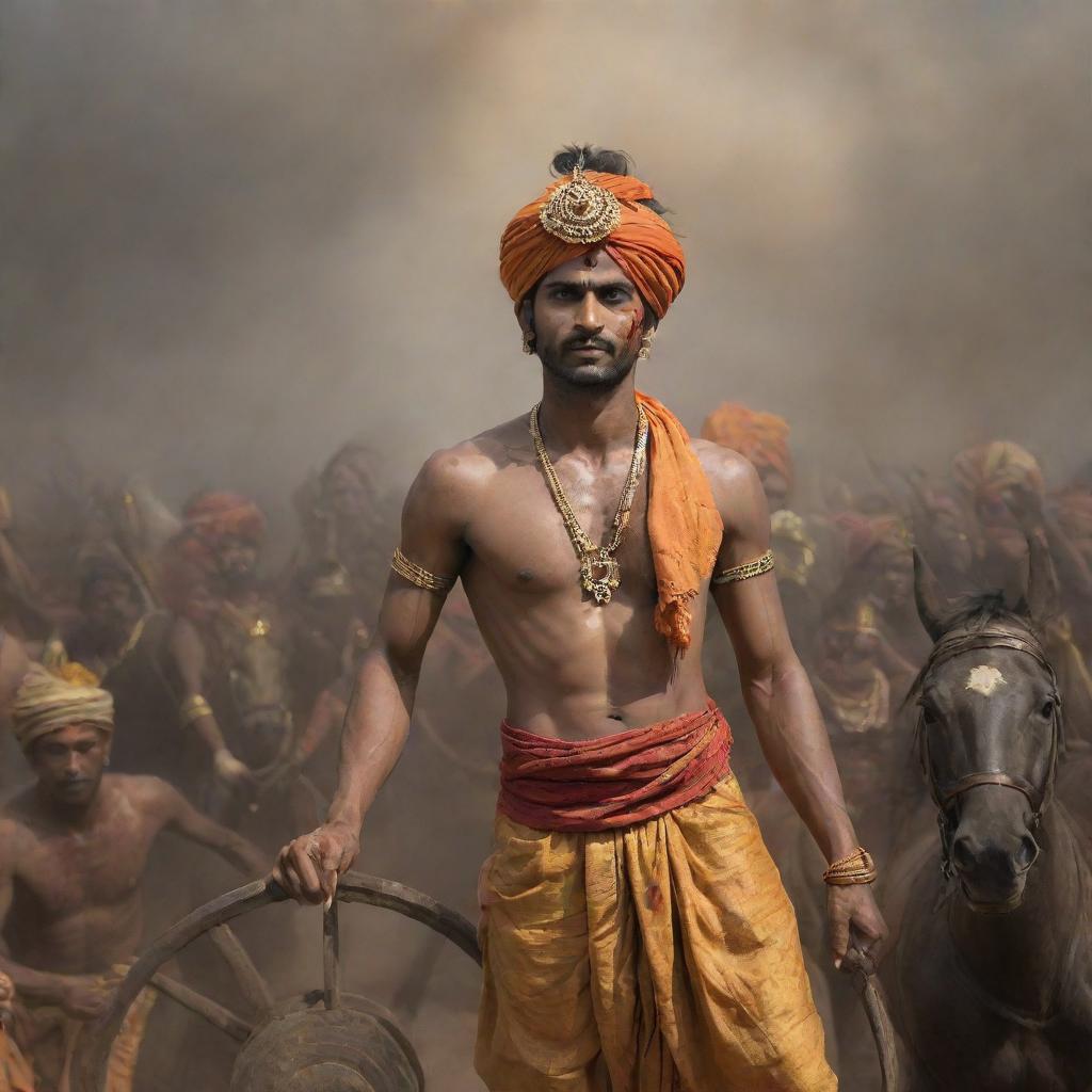 Young, charming Indian prince Abimanyu with an angry expression and adorned with wounds, wearing a saffron dhoti, holding a shining cart wheel over his head. View from below, with chaotic background of Mahabharata battle filled with soldiers, horses, fire, and dead bodies.