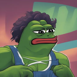 A high-quality digital art piece combining the physique of Marvel's Hulk with the face of Pepe the frog