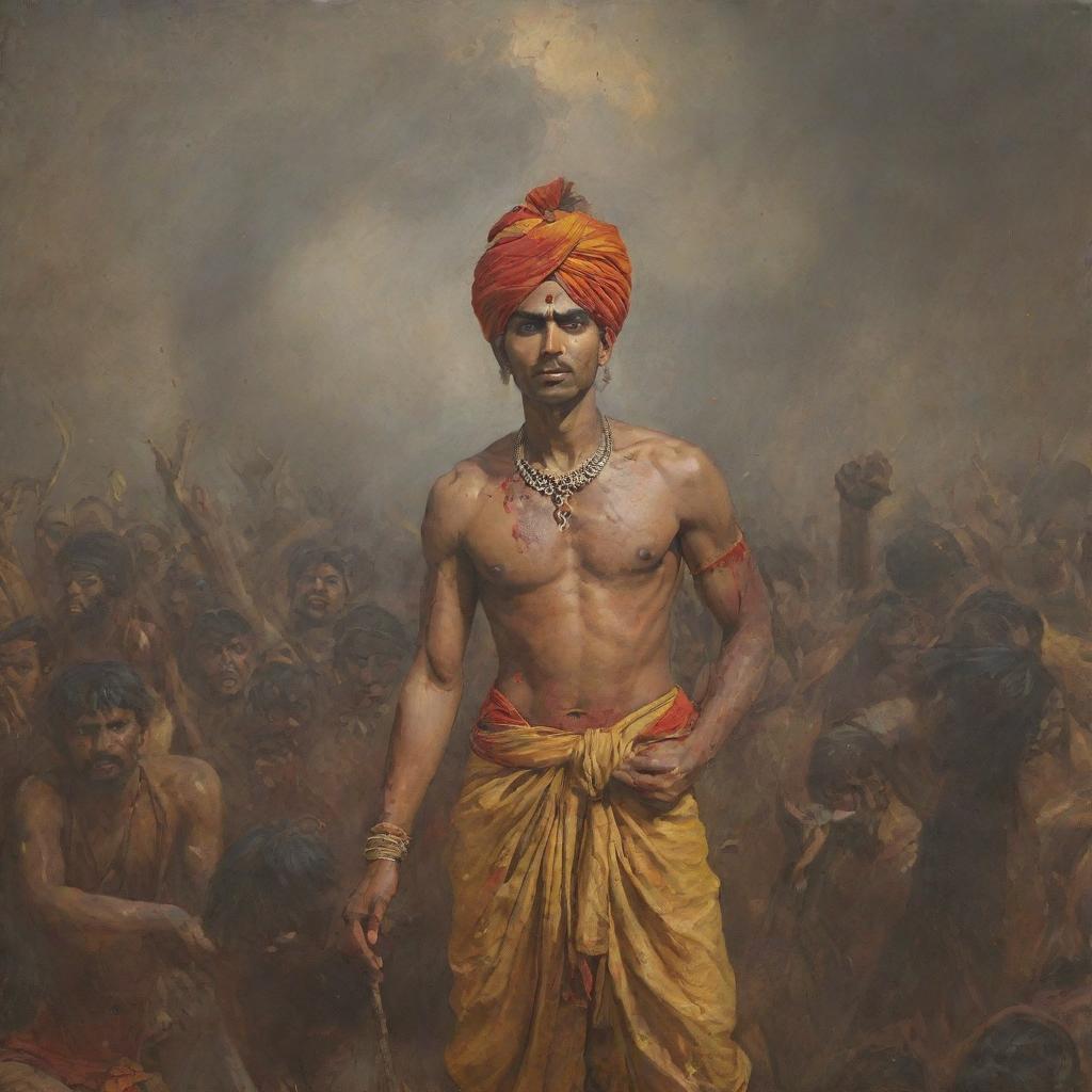 Young, charming Indian prince Abimanyu with an angry expression and adorned with wounds, wearing a saffron dhoti, holding a shining cart wheel over his head. View from below, with chaotic background of Mahabharata battle filled with soldiers, horses, fire, and dead bodies.