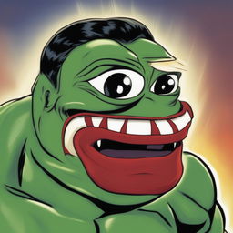 A high-quality digital art piece combining the physique of Marvel's Hulk with the face of Pepe the frog