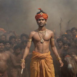 Young, charming Indian prince Abimanyu with an angry expression and adorned with wounds, wearing a saffron dhoti, holding a shining cart wheel over his head. View from below, with chaotic background of Mahabharata battle filled with soldiers, horses, fire, and dead bodies.