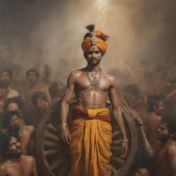 Young, charming Indian prince Abimanyu with an angry expression and adorned with wounds, wearing a saffron dhoti, holding a shining cart wheel over his head. View from below, with chaotic background of Mahabharata battle filled with soldiers, horses, fire, and dead bodies.