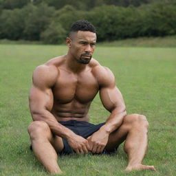 A muscular man sitting tranquilly on a lush grass field