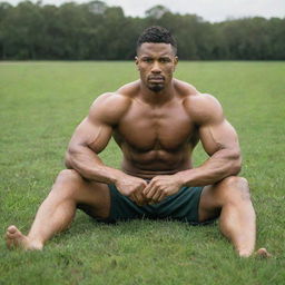 A muscular man sitting tranquilly on a lush grass field