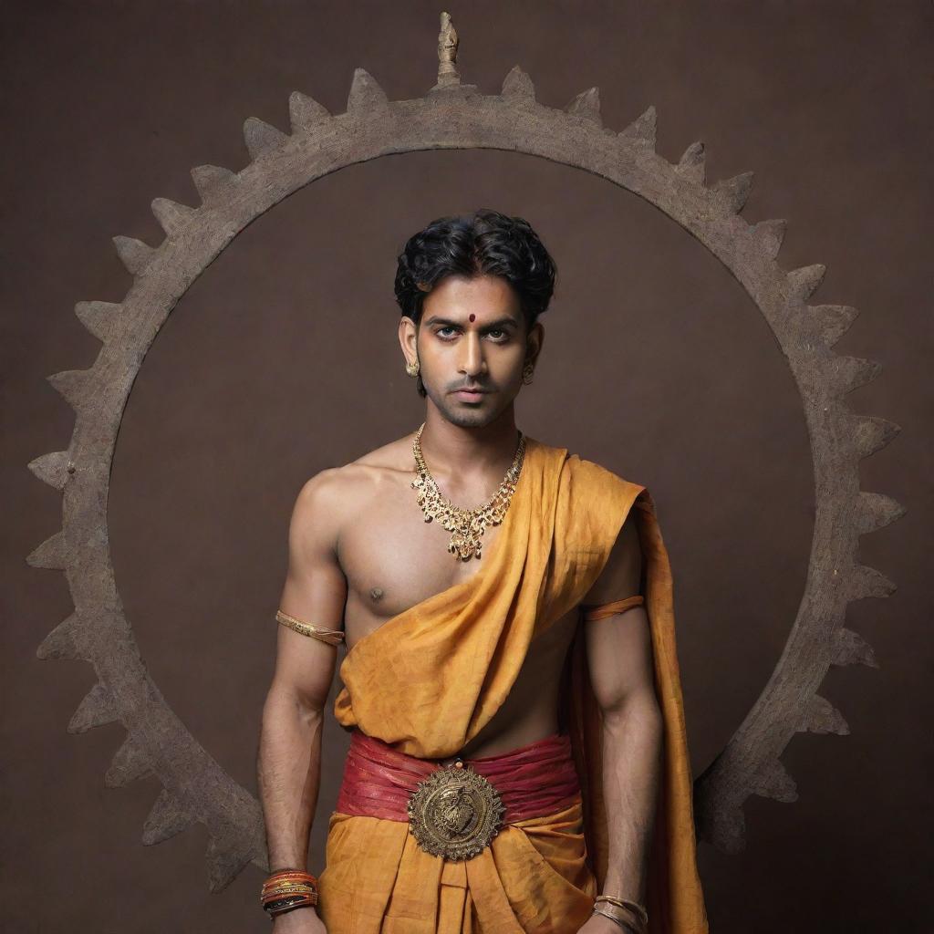 A young and charming Indian prince, named Abimanyu, showing an angry expression, adorned with wounds. He's wearing a saffron dhoti, holding a big, shining cart wheel above his head with both hands. The perspective is from below with a Mahabharata-themed background.