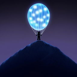 A cartoon character dressed in black attire ascends a mountain, holding a luminous blue magical balloon.