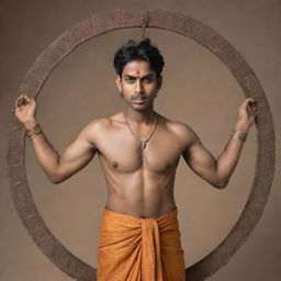 A young and charming Indian prince, named Abimanyu, showing an angry expression, adorned with wounds. He's wearing a saffron dhoti, holding a big, shining cart wheel above his head with both hands. The perspective is from below with a Mahabharata-themed background.