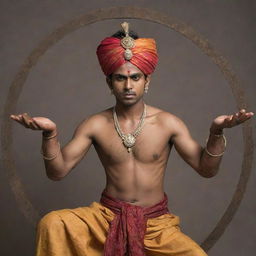 A young and charming Indian prince, named Abimanyu, showing an angry expression, adorned with wounds. He's wearing a saffron dhoti, holding a big, shining cart wheel above his head with both hands. The perspective is from below with a Mahabharata-themed background.