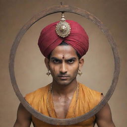 A young and charming Indian prince, named Abimanyu, showing an angry expression, adorned with wounds. He's wearing a saffron dhoti, holding a big, shining cart wheel above his head with both hands. The perspective is from below with a Mahabharata-themed background.