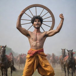 A young and charming Indian prince, Abimanyu, angered and covered in wounds, wearing a saffron dhoti and holding a large, glistening cart wheel above his head. Viewed from below against a backdrop of battling soldiers and leaping horses.