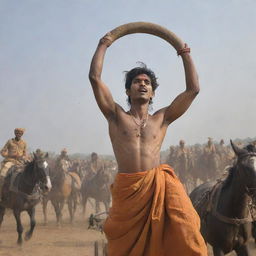 A young and charming Indian prince, Abimanyu, angered and covered in wounds, wearing a saffron dhoti and holding a large, glistening cart wheel above his head. Viewed from below against a backdrop of battling soldiers and leaping horses.