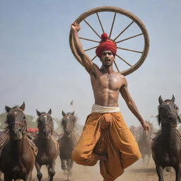 A young and charming Indian prince, Abimanyu, angered and covered in wounds, wearing a saffron dhoti and holding a large, glistening cart wheel above his head. Viewed from below against a backdrop of battling soldiers and leaping horses.