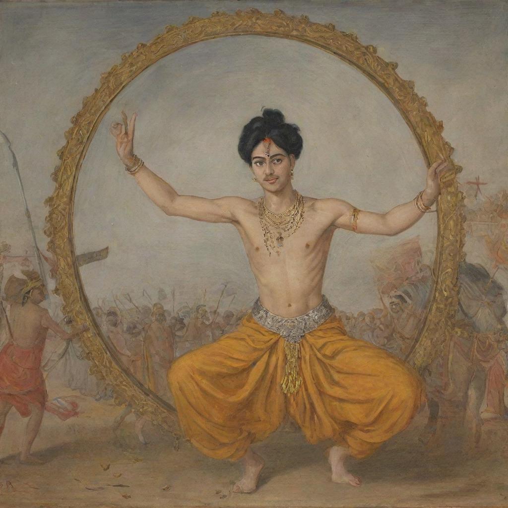 A young, charming prince named Abimanyu wearing a saffron dhoti, expressing anger, with visible wounds on his body. He's seen holding a large, shining cart wheel above his head, viewed from below. The background depicts an intense battle scene with horse-mounted soldiers clashing.