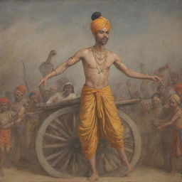 A young, charming prince named Abimanyu wearing a saffron dhoti, expressing anger, with visible wounds on his body. He's seen holding a large, shining cart wheel above his head, viewed from below. The background depicts an intense battle scene with horse-mounted soldiers clashing.