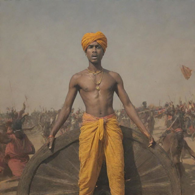 A young, charming prince named Abimanyu wearing a saffron dhoti, expressing anger, with visible wounds on his body. He's seen holding a large, shining cart wheel above his head, viewed from below. The background depicts an intense battle scene with horse-mounted soldiers clashing.