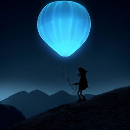 A cartoon character dressed in black attire ascends a mountain, holding a luminous blue magical balloon.