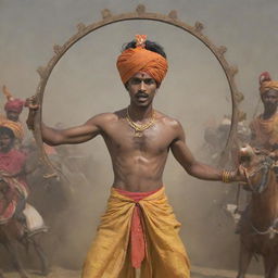 A young, charming prince named Abimanyu wearing a saffron dhoti, expressing anger, with visible wounds on his body. He's seen holding a large, shining cart wheel above his head, viewed from below. The background depicts an intense battle scene with horse-mounted soldiers clashing.