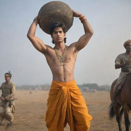 A young and charming prince named Abhimanyu with an angry expression and wounds on his body. He is wearing a saffron dhoti and holding a large, shining cart wheel over his head. The perspective is from a lower angle, with a backdrop of a fierce battlefield, fighting soldiers and horses in mid-air.