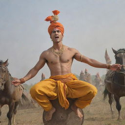 A young and charming prince named Abhimanyu with an angry expression and wounds on his body. He is wearing a saffron dhoti and holding a large, shining cart wheel over his head. The perspective is from a lower angle, with a backdrop of a fierce battlefield, fighting soldiers and horses in mid-air.