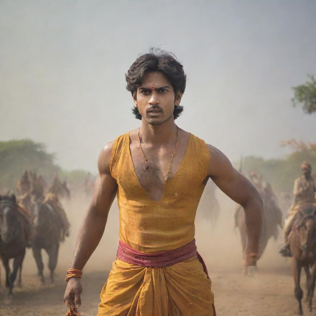 A young and charming prince named Abhimanyu with an angry expression and wounds on his body. He is wearing a saffron dhoti and holding a large, shining cart wheel over his head. The perspective is from a lower angle, with a backdrop of a fierce battlefield, fighting soldiers and horses in mid-air.