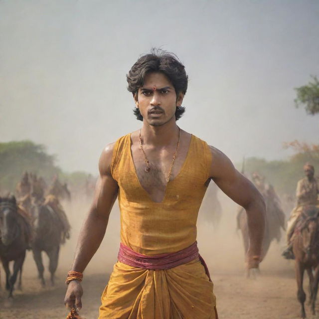 A young and charming prince named Abhimanyu with an angry expression and wounds on his body. He is wearing a saffron dhoti and holding a large, shining cart wheel over his head. The perspective is from a lower angle, with a backdrop of a fierce battlefield, fighting soldiers and horses in mid-air.