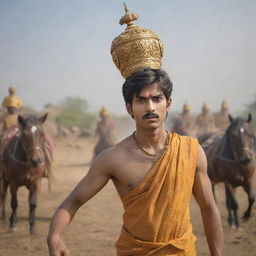 A young and charming prince named Abhimanyu with an angry expression and wounds on his body. He is wearing a saffron dhoti and holding a large, shining cart wheel over his head. The perspective is from a lower angle, with a backdrop of a fierce battlefield, fighting soldiers and horses in mid-air.